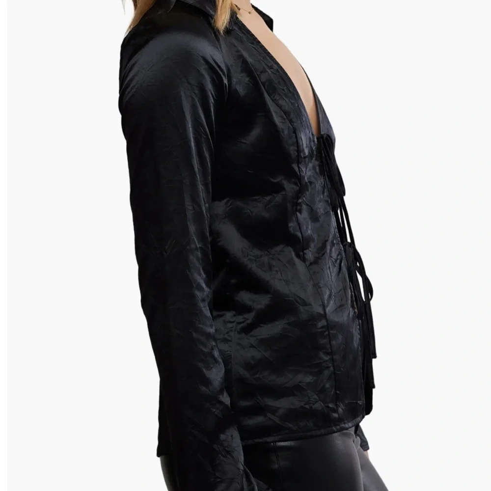 Free People Black Satin Tie-Front Top - Picture 3 of 8